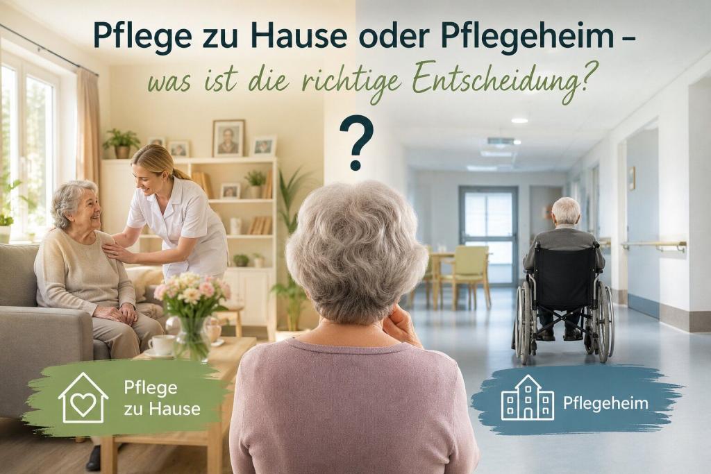 auf dem Bild sehen sie eine Frau von hinten, die sich entscheiden muss ob sie zu Hause bleibt oder ins Pflegeheim geht